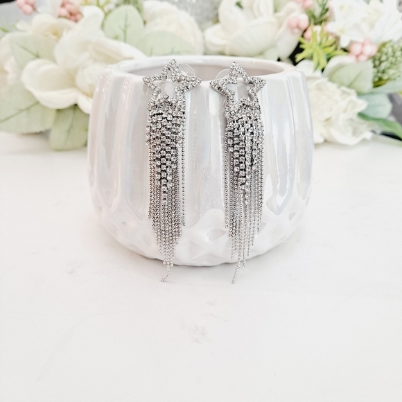 💖 Rhinestone Shooting stars tassel silver Statement formal dangle Earrings new - Picture 11 of 15
